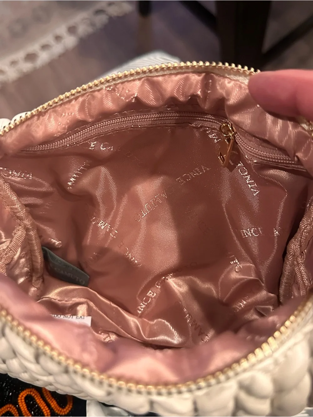 Vince Camuto Cream Quilted Woven Cosmetic Makeup Bag Gold Zip Luxe Travel Pouch
